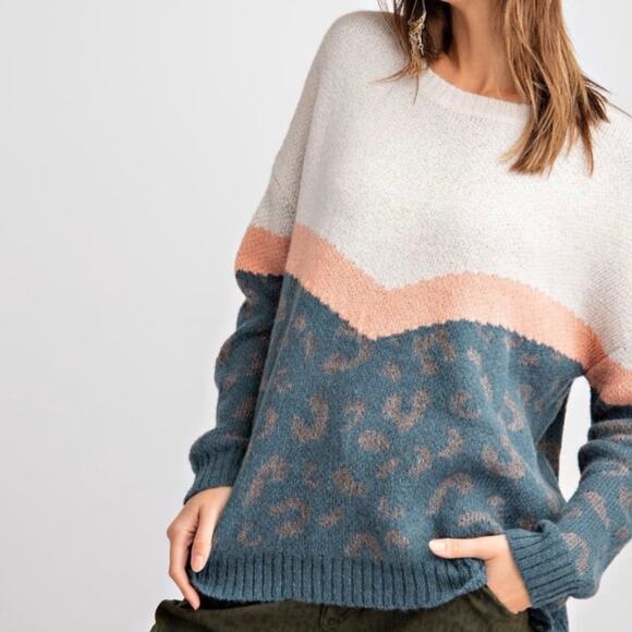 Easel Sweater Womens S Colorblock Teal White Leopard Fuzzy Oversized Boho Cozy - Picture 1 of 7
